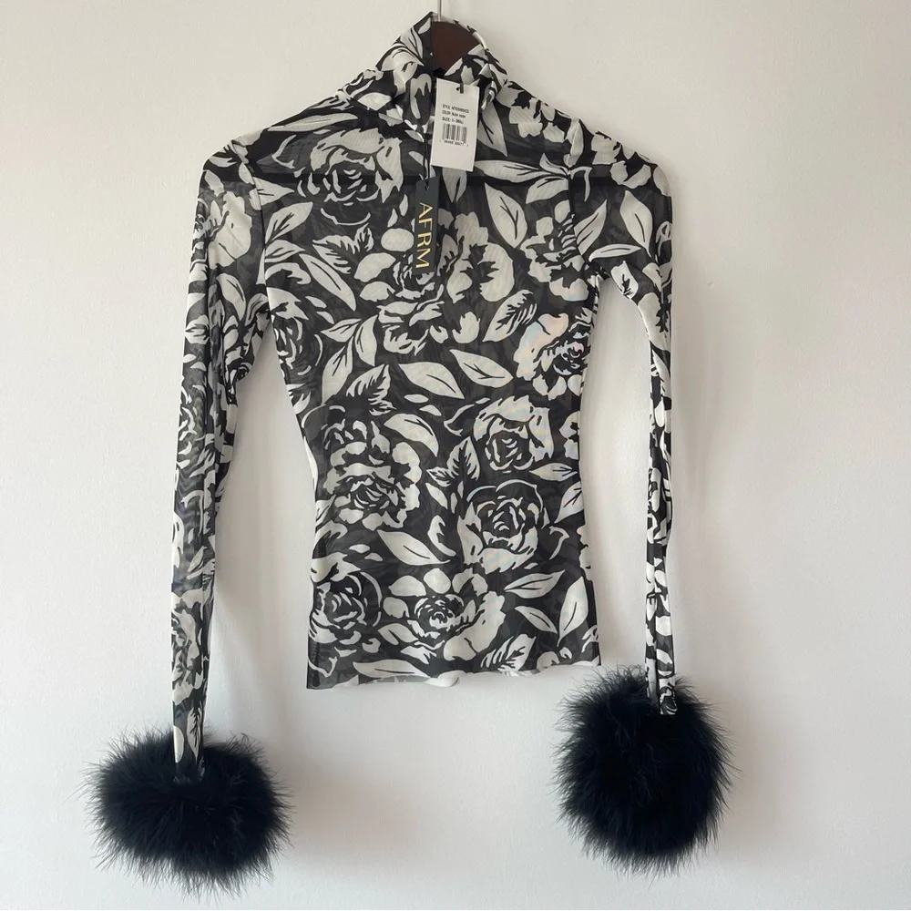 ❌SOLD❌Afrm x Revolve Miki Black Noir Rose Mesh turtleneck top with faux fur cuff - Picture 3 of 12